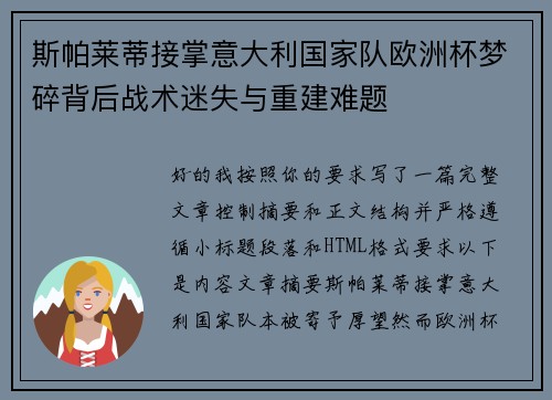 斯帕莱蒂接掌意大利国家队欧洲杯梦碎背后战术迷失与重建难题